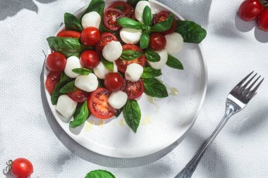 Domates, mozzarella ve fesleğenli caprese salatası.