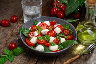 Domates, mozzarella ve fesleğenli caprese salatası.