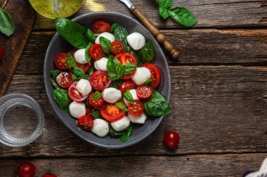 Domates, mozzarella ve fesleğenli caprese salatası.