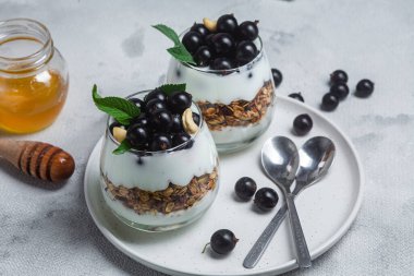 Yoğurtlu granola ve bir bardakta kuşüzümü.