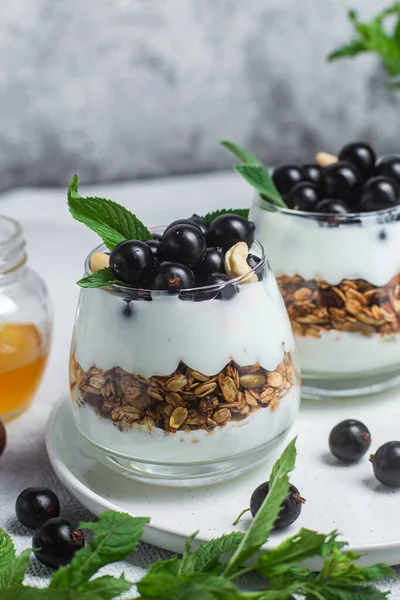 Granola Met Yoghurt Zwarte Bes Een Glas — Stockfoto