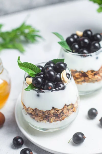 Granola Met Yoghurt Zwarte Bes Een Glas — Stockfoto