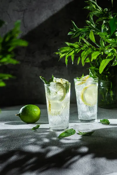 Cocktail Mit Zitrone Und Minze Auf Dunklem Hintergrund Limonade — Stockfoto