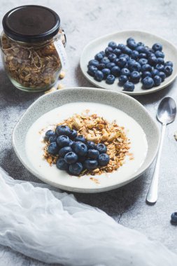 Yoğurtlu granola ve gri arka planda bir tabakta yabanmersini.