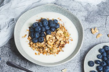 Yoğurtlu granola ve gri arka planda bir tabakta yabanmersini.