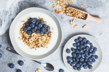 Yoğurtlu granola ve gri arka planda bir tabakta yabanmersini.