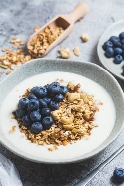 Yoğurtlu granola ve gri arka planda bir tabakta yabanmersini.