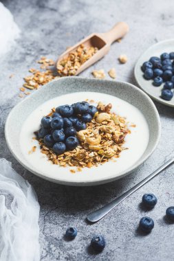 Yoğurtlu granola ve gri arka planda bir tabakta yabanmersini.