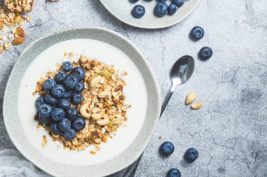 Yoğurtlu granola ve gri arka planda bir tabakta yabanmersini.