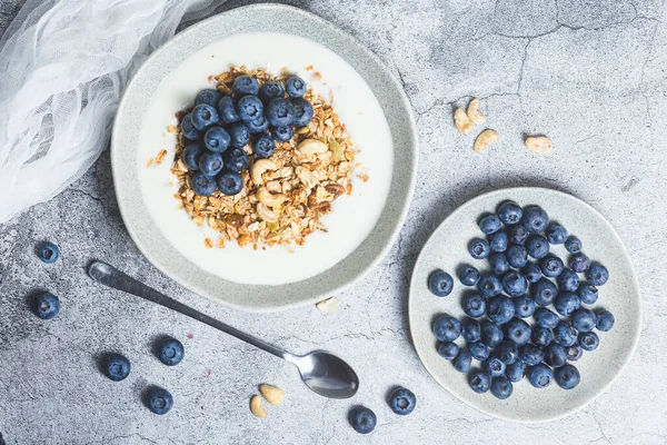 Yoğurtlu granola ve gri arka planda bir tabakta yabanmersini.