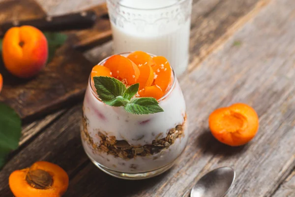 stock image Granola with yogurt and apricots in a bowl