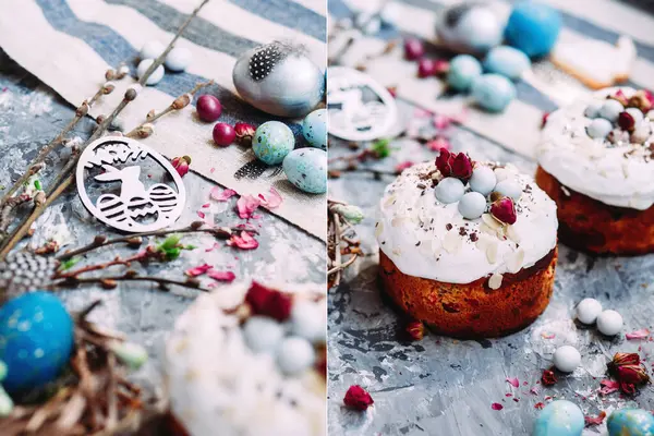 panettone. Paskalya pastası ve masada süslemeler.