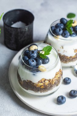 Yoğurtlu granola, chia ve yaban mersini.
