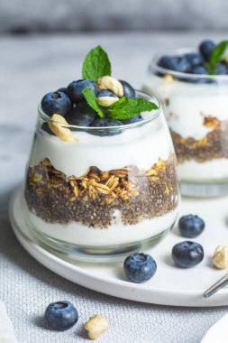 Yoğurtlu granola, chia ve yaban mersini.