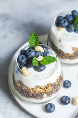 Yoğurtlu granola, chia ve yaban mersini.