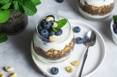 Yoğurtlu granola, chia ve yaban mersini.