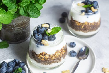 Yoğurtlu granola, chia ve yaban mersini.