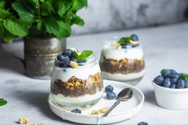 Yoğurtlu granola, chia ve yaban mersini.