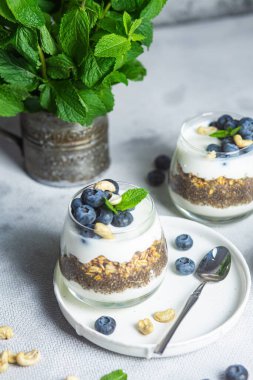 Yoğurtlu granola, chia ve yaban mersini.