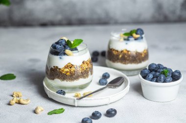 Yoğurtlu granola, chia ve yaban mersini.