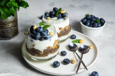 Yoğurtlu granola, chia ve yaban mersini.