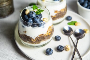 Yoğurtlu granola, chia ve yaban mersini.