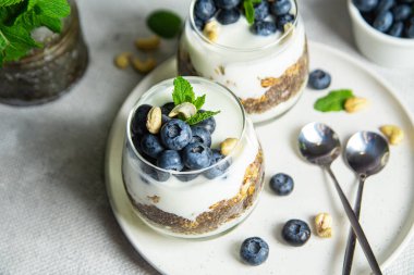 Yoğurtlu granola, chia ve yaban mersini.