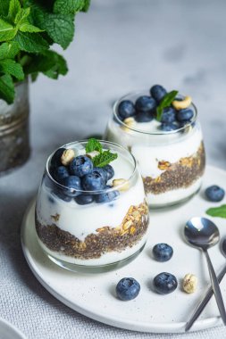 Yoğurtlu granola, chia ve yaban mersini.