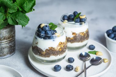 Yoğurtlu granola, chia ve yaban mersini.