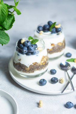 Yoğurtlu granola, chia ve yaban mersini.