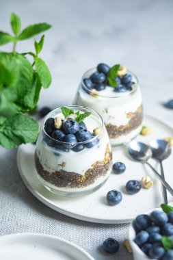 Yoğurtlu granola, chia ve yaban mersini.