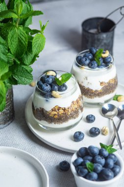 Yoğurtlu granola, chia ve yaban mersini.