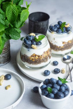 Yoğurtlu granola, chia ve yaban mersini.