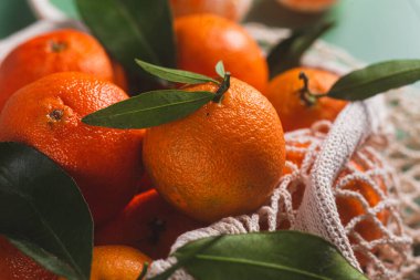 Clementine mandalinaları yeşil yapraklarla kaplıdır.