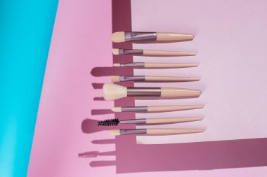 Pembe arka planda makyaj fırçaları. Kozmetik.