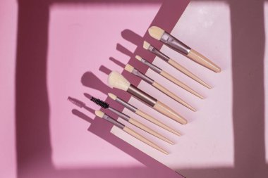 Pembe arka planda makyaj fırçaları. Kozmetik.