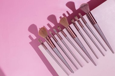 Pembe arka planda makyaj fırçaları. Kozmetik.