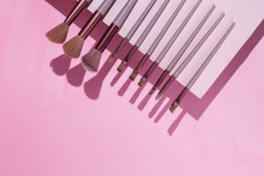 Pembe arka planda makyaj fırçaları. Kozmetik.
