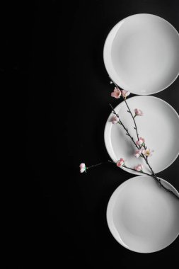 Siyah zemin üzerinde beyaz plakalar ve kiraz dalı.