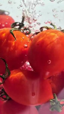 Suda hareketli kiraz domatesleri açık arkaplanda yakın plan