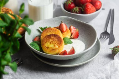 Syrniki Cheesecakes krem soslu süzme peynirli krep, çilek ve nane şekeri tabakta. Kahvaltı.