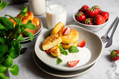 Syrniki Cheesecakes krem soslu süzme peynirli krep, çilek ve nane şekeri tabakta. Kahvaltı.