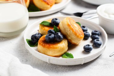 Açık arkaplanda soslu ve yaban mersinli iştah açıcı peynirli kekler.