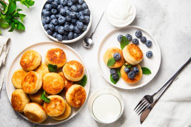 Açık arkaplanda soslu ve yaban mersinli iştah açıcı peynirli kekler.