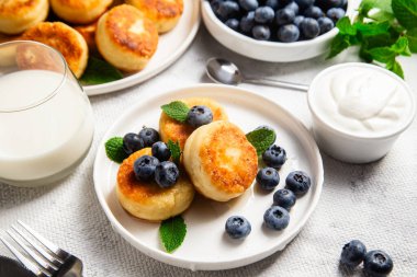 Açık arkaplanda soslu ve yaban mersinli iştah açıcı peynirli kekler.