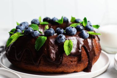 Taze yaban mersini ve nane şekerli lezzetli çikolatalı kek.