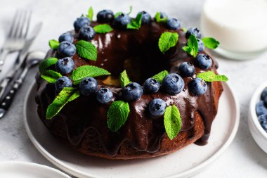 Taze yaban mersini ve nane şekerli lezzetli çikolatalı kek.