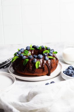 Taze yaban mersini ve nane şekerli lezzetli çikolatalı kek.