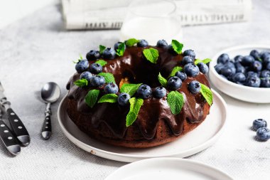 Taze yaban mersini ve nane şekerli lezzetli çikolatalı kek.