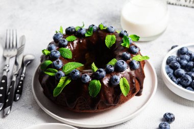 Taze yaban mersini ve nane şekerli lezzetli çikolatalı kek.